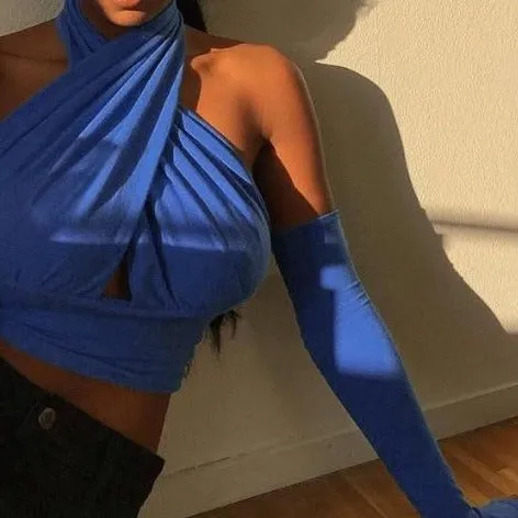 Holly - Blue Solid Crop Halter Tank Top With Sleeves