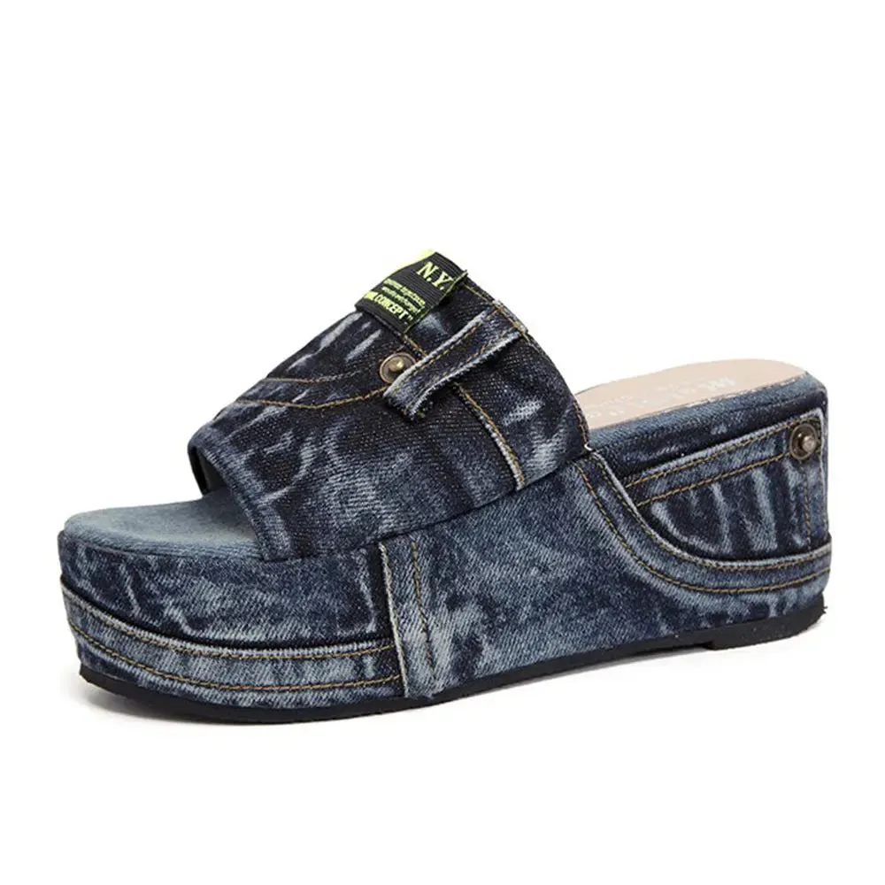 Imogen-Denim Platform Slide Sandals-Summer Wedge Heeled Canvas Shoes