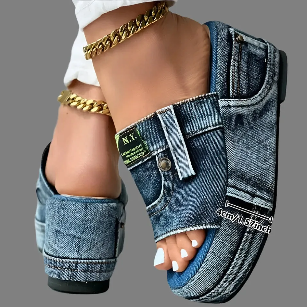 Imogen-Denim Platform Slide Sandals-Summer Wedge Heeled Canvas Shoes
