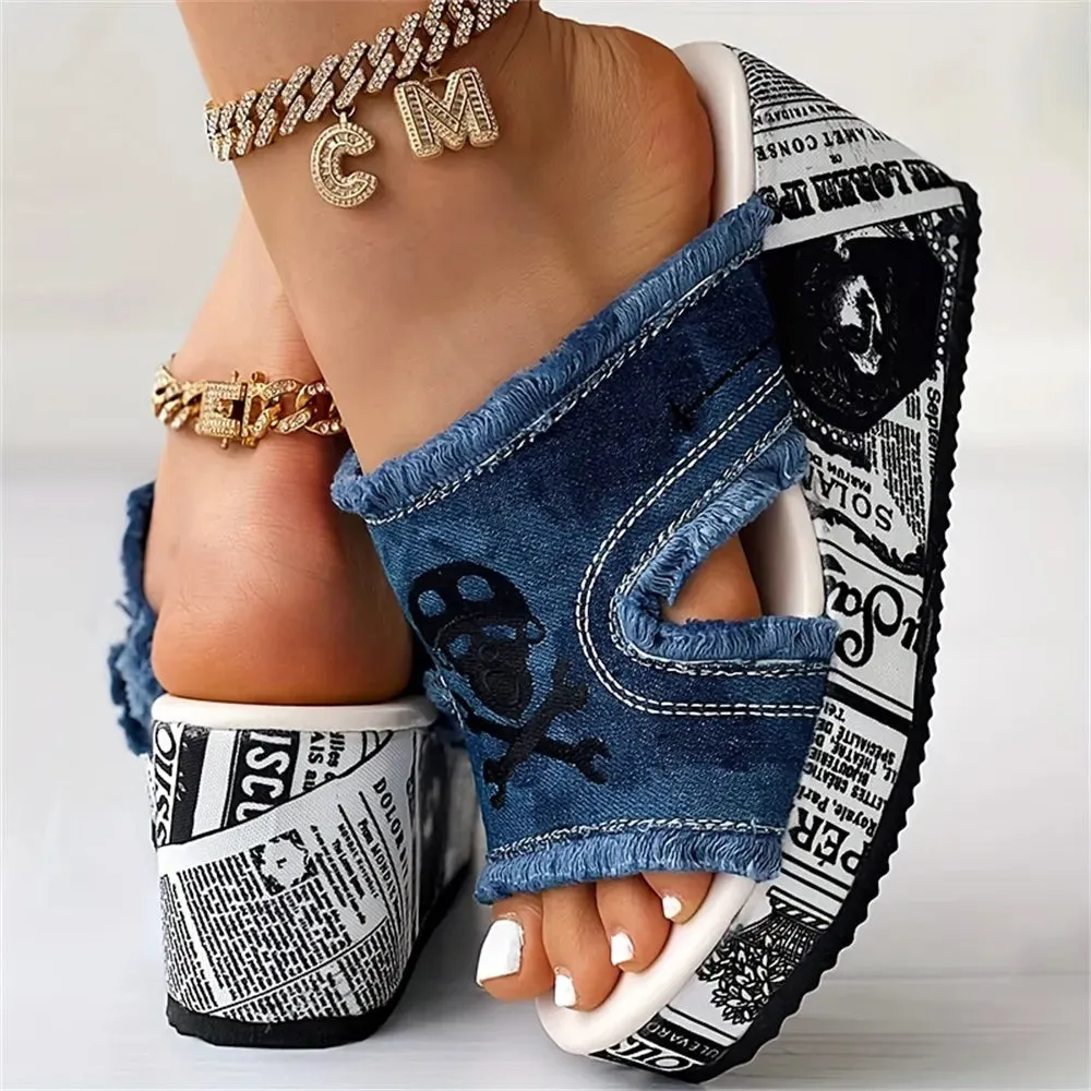 Imogen-Denim Platform Slide Sandals-Summer Wedge Heeled Canvas Shoes