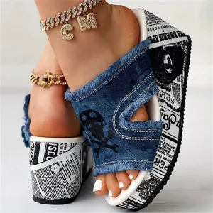 Imogen-Denim Platform Slide Sandals-Summer Wedge Heeled Canvas Shoes