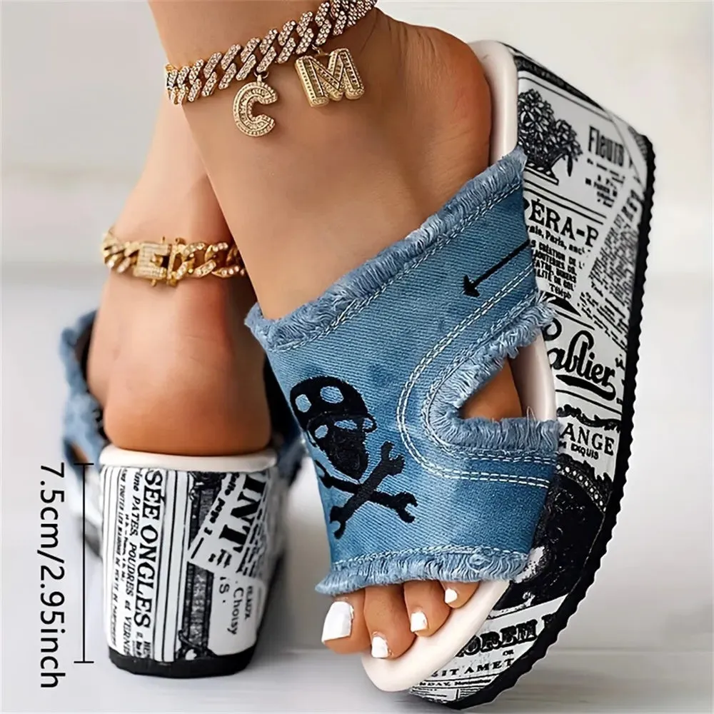 Imogen-Denim Platform Slide Sandals-Summer Wedge Heeled Canvas Shoes