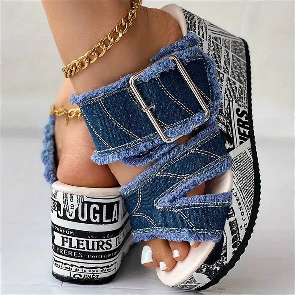 Imogen-Denim Platform Slide Sandals-Summer Wedge Heeled Canvas Shoes