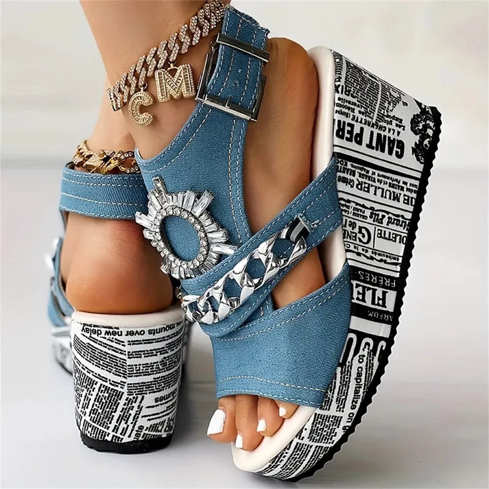 Imogen-Denim Platform Slide Sandals-Summer Wedge Heeled Canvas Shoes