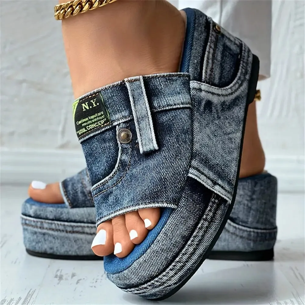 Imogen-Denim Platform Slide Sandals-Summer Wedge Heeled Canvas Shoes