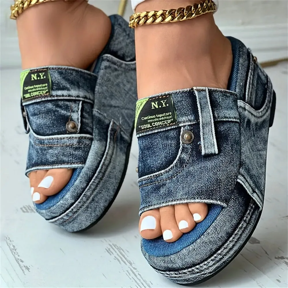 Imogen-Denim Platform Slide Sandals-Summer Wedge Heeled Canvas Shoes