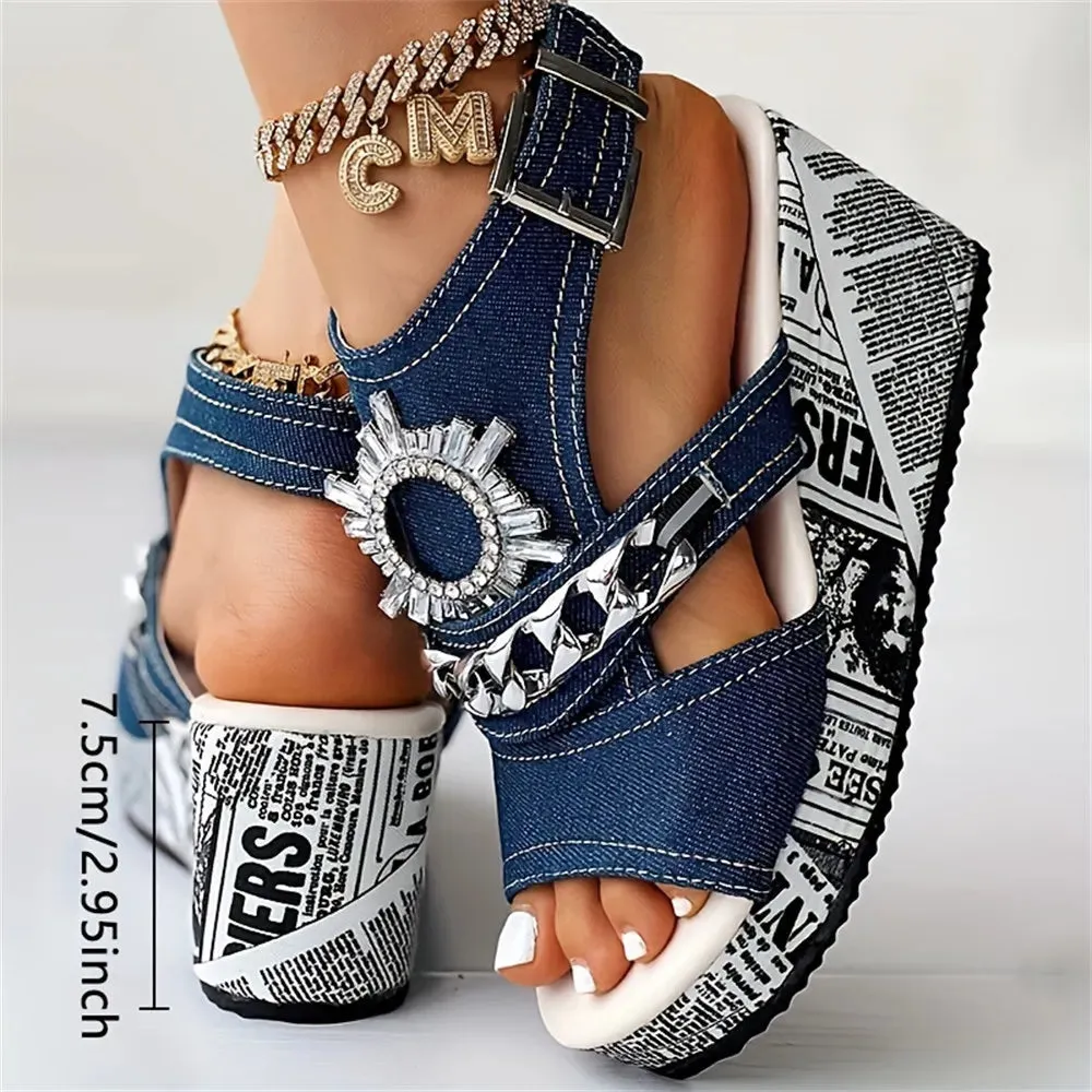 Imogen-Denim Platform Slide Sandals-Summer Wedge Heeled Canvas Shoes