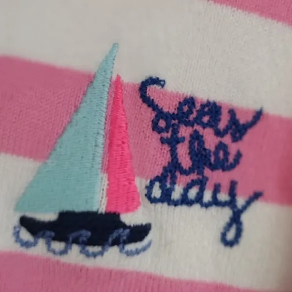 J Crew Pink White Striped lightweight sweater sailboat logo size medium
