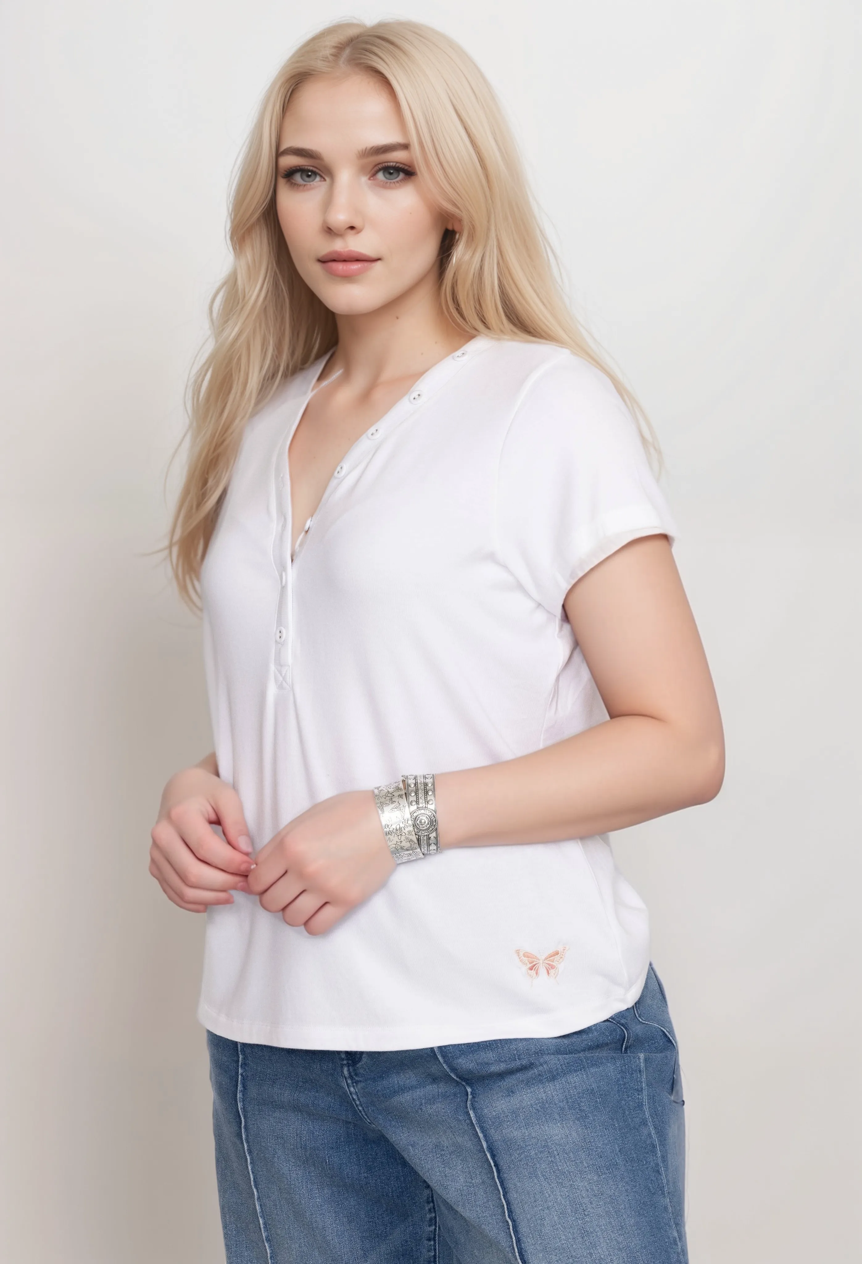 Johnny Was Calme Modal Jersey Button Neck Tee Plus Size O11104