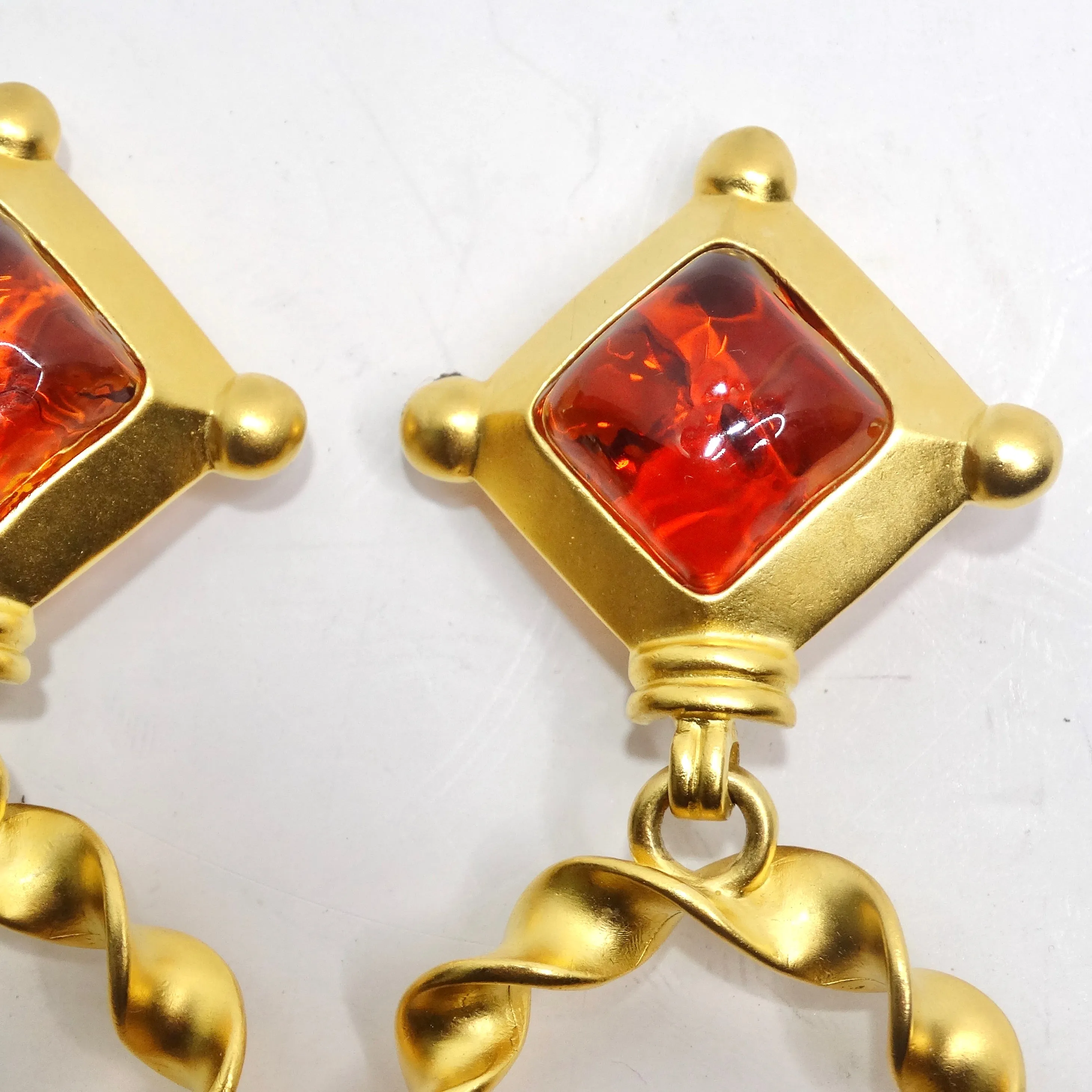 Karl Lagerfeld 1980s Gold Plated Red Stone Dangle Earrings