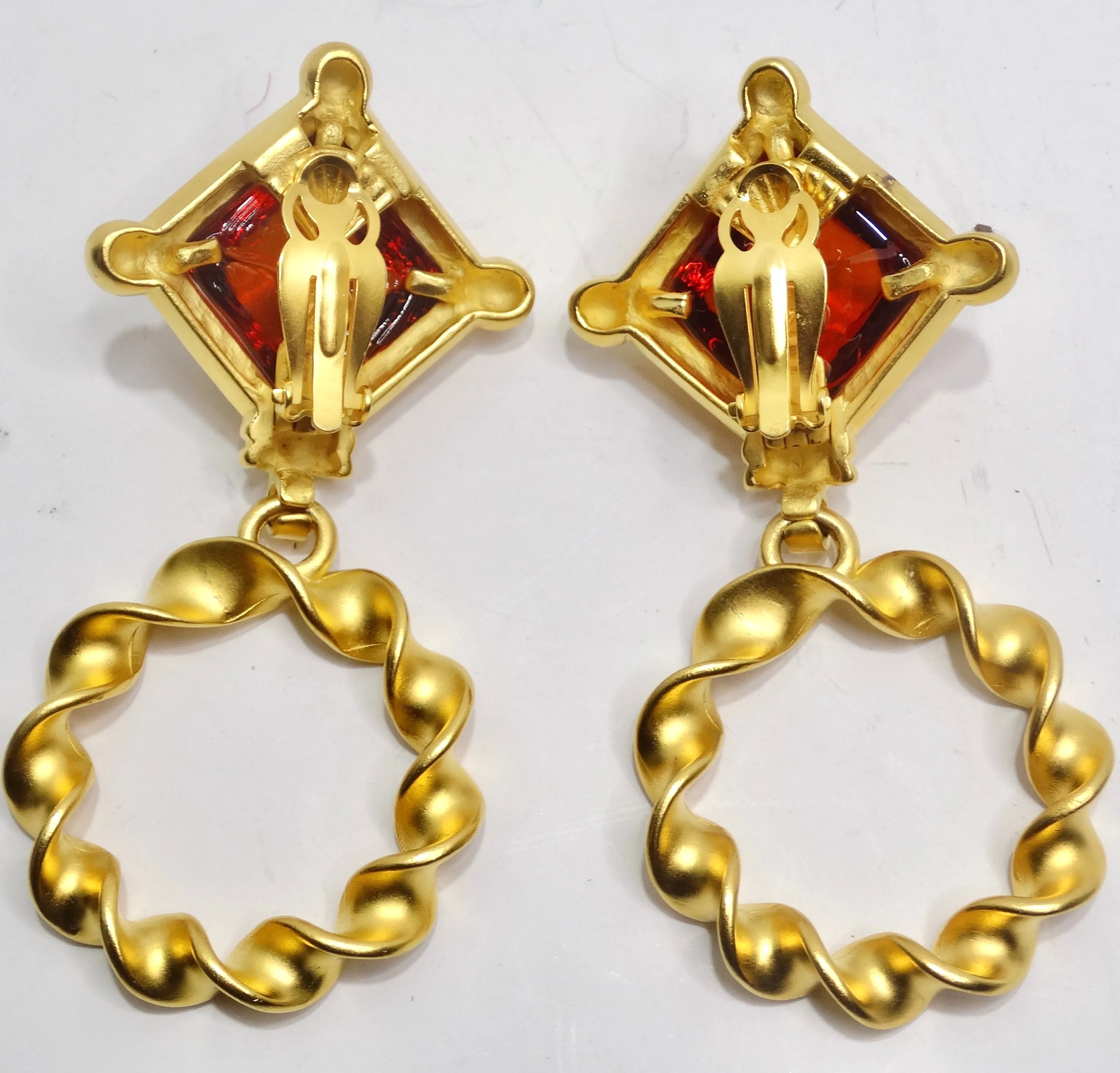 Karl Lagerfeld 1980s Gold Plated Red Stone Dangle Earrings