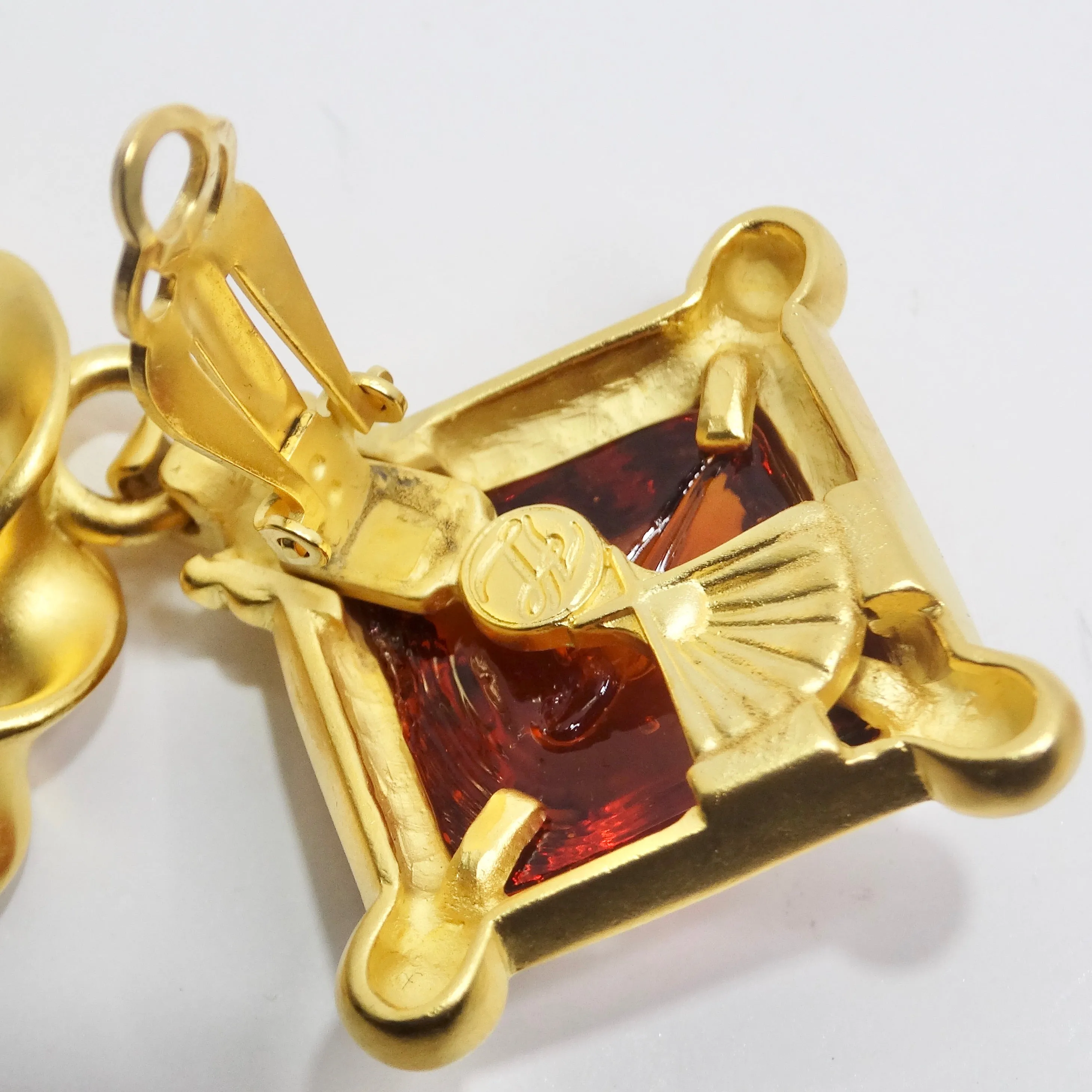 Karl Lagerfeld 1980s Gold Plated Red Stone Dangle Earrings