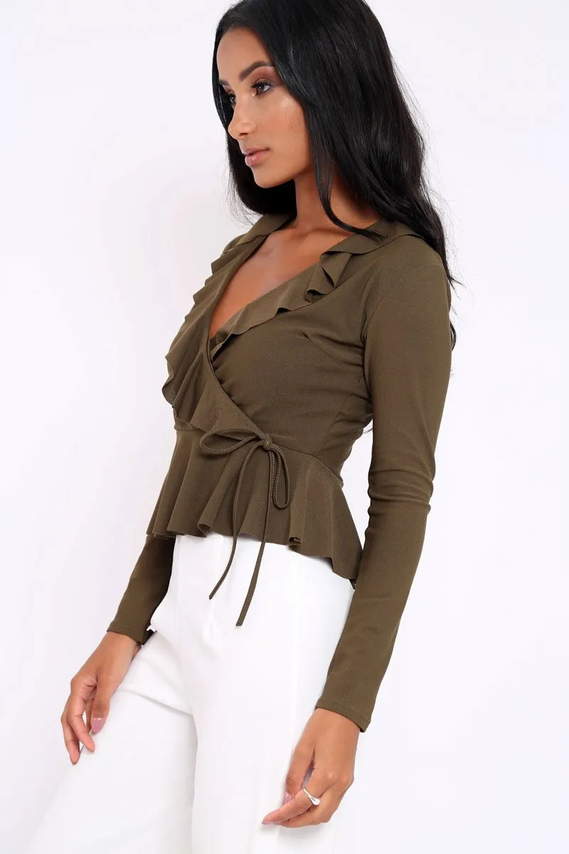 Khaki Plunge Frill Wrap Tie Front Top - Rebecca