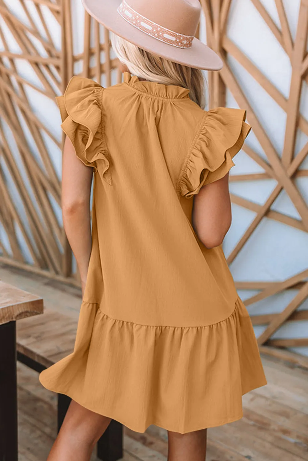 Khaki Tiered Ruffled Sleeves Mini Dress with Pockets