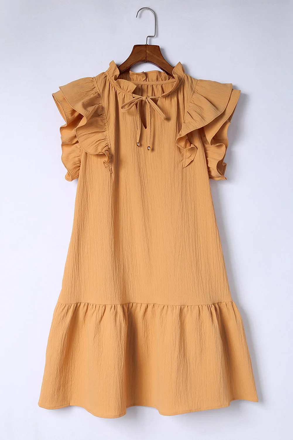 Khaki Tiered Ruffled Sleeves Mini Dress with Pockets
