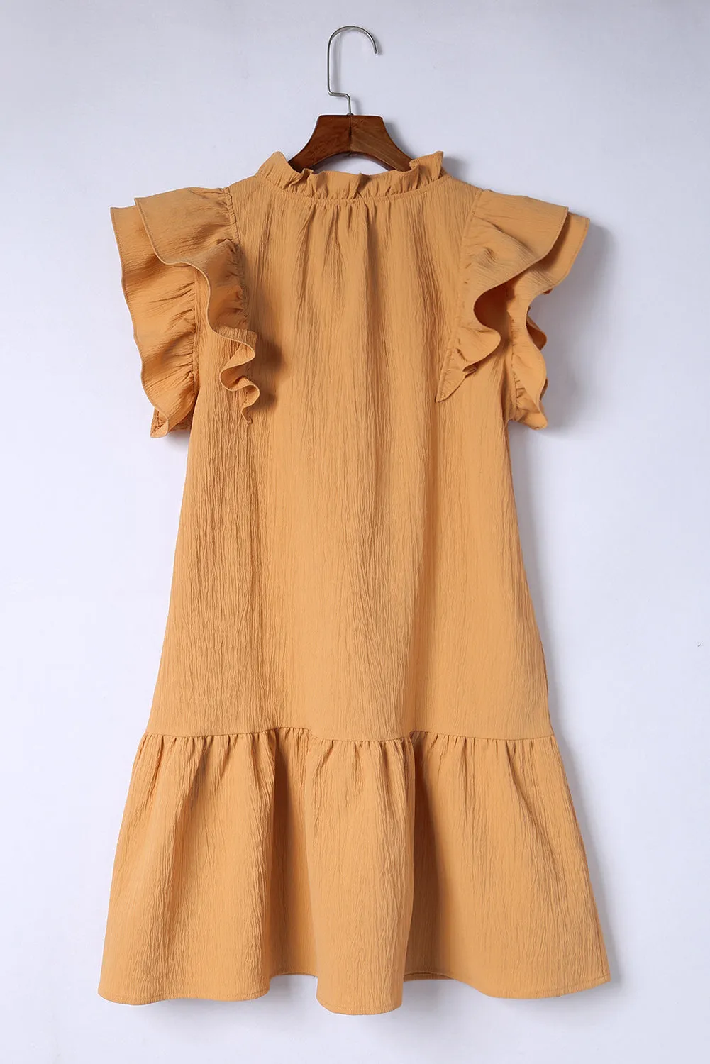 Khaki Tiered Ruffled Sleeves Mini Dress with Pockets