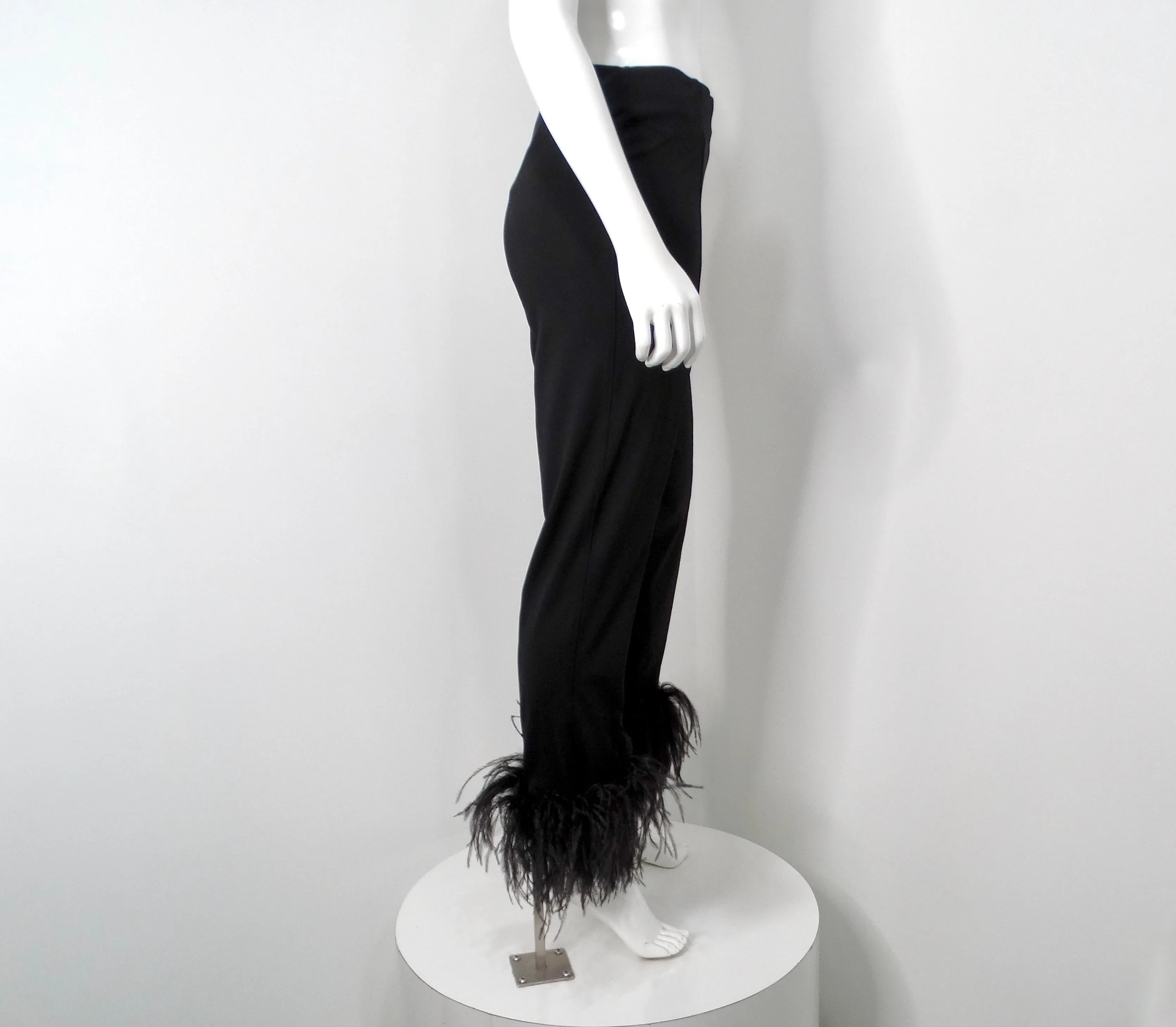 LAPOINTE Black Slim Leg Scuba Pants With Ostrich Feather Hem