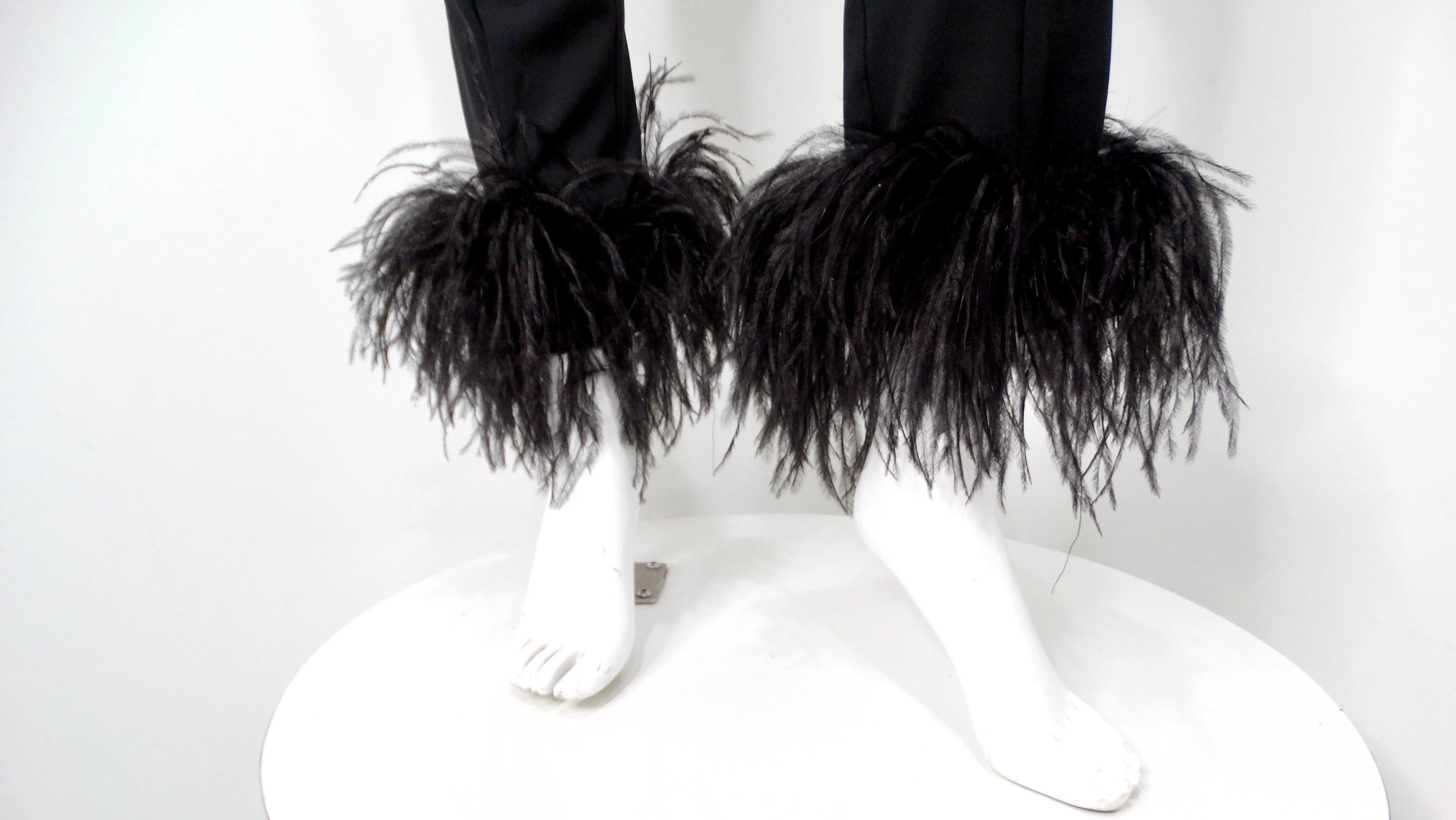 LAPOINTE Black Slim Leg Scuba Pants With Ostrich Feather Hem