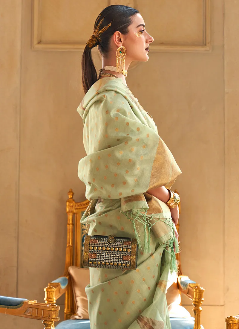 Light Green Khicha Zari Handloom Weaved Silk Saree