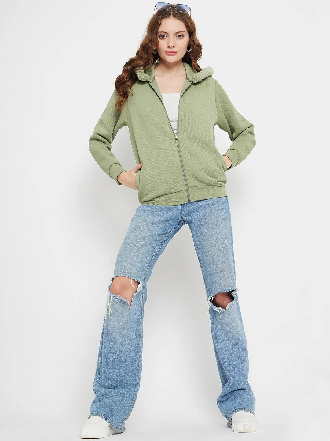 Madame Faux Fur Hood Applpe Green Sweatshirt