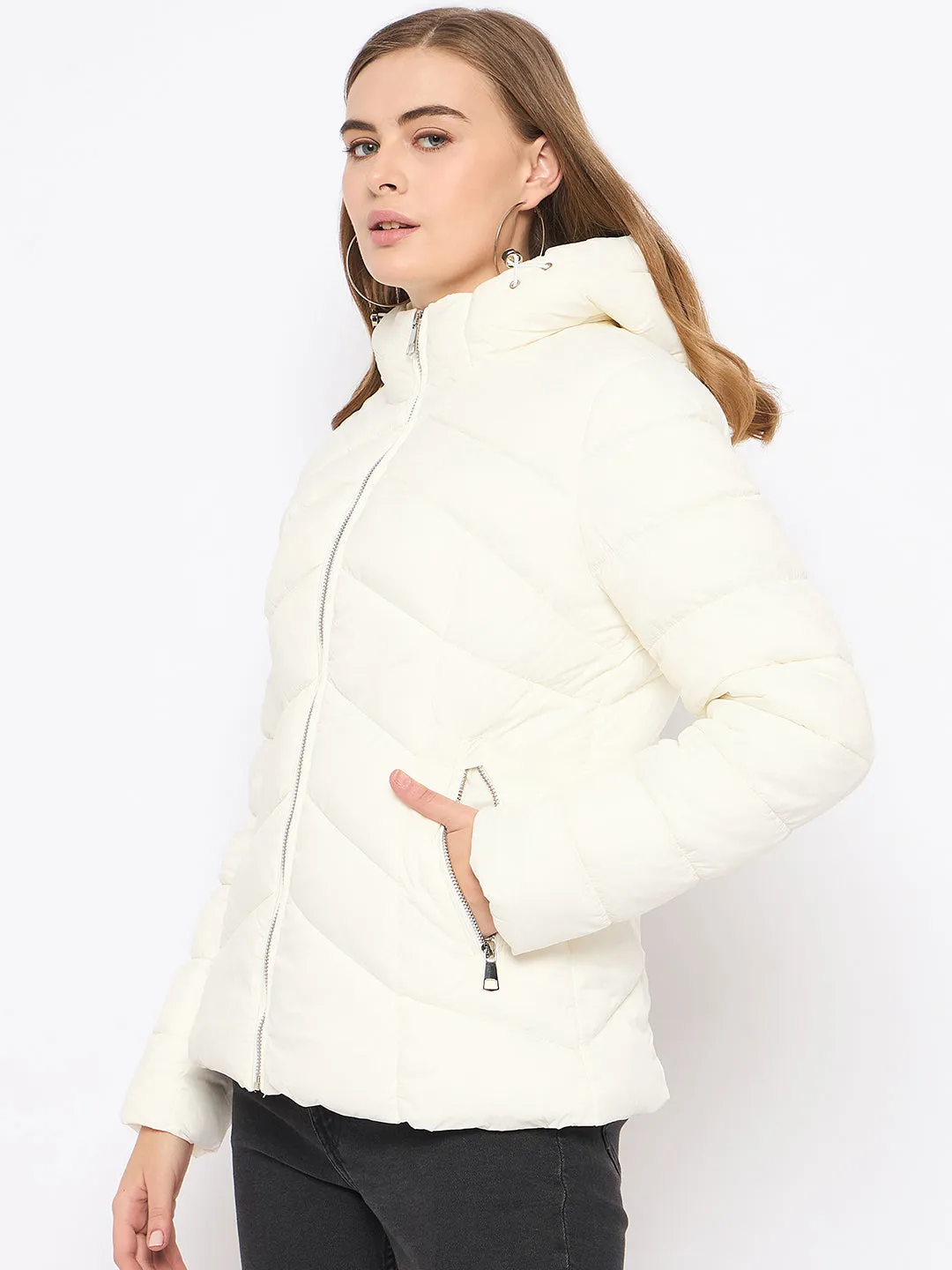 Madame Hooded Quilted Nylon White Jacket
