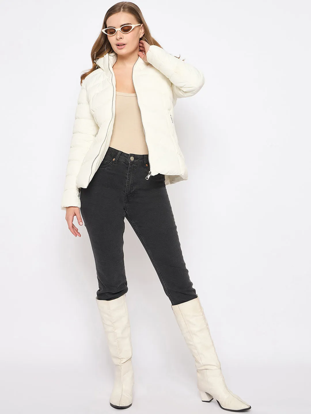 Madame Hooded Quilted Nylon White Jacket