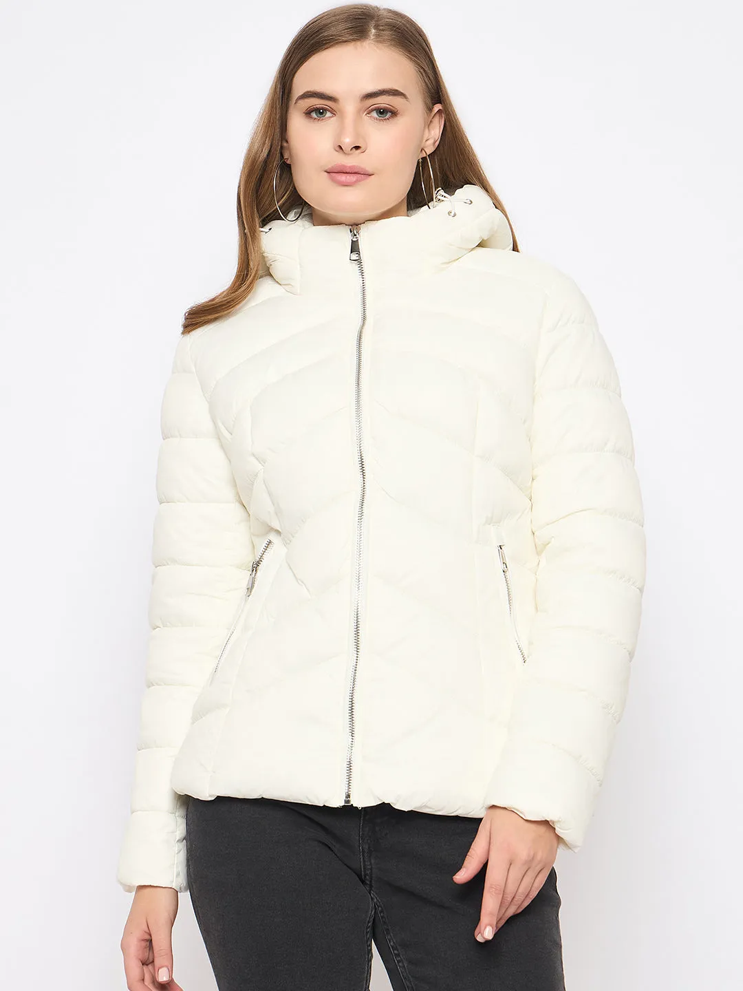 Madame Hooded Quilted Nylon White Jacket