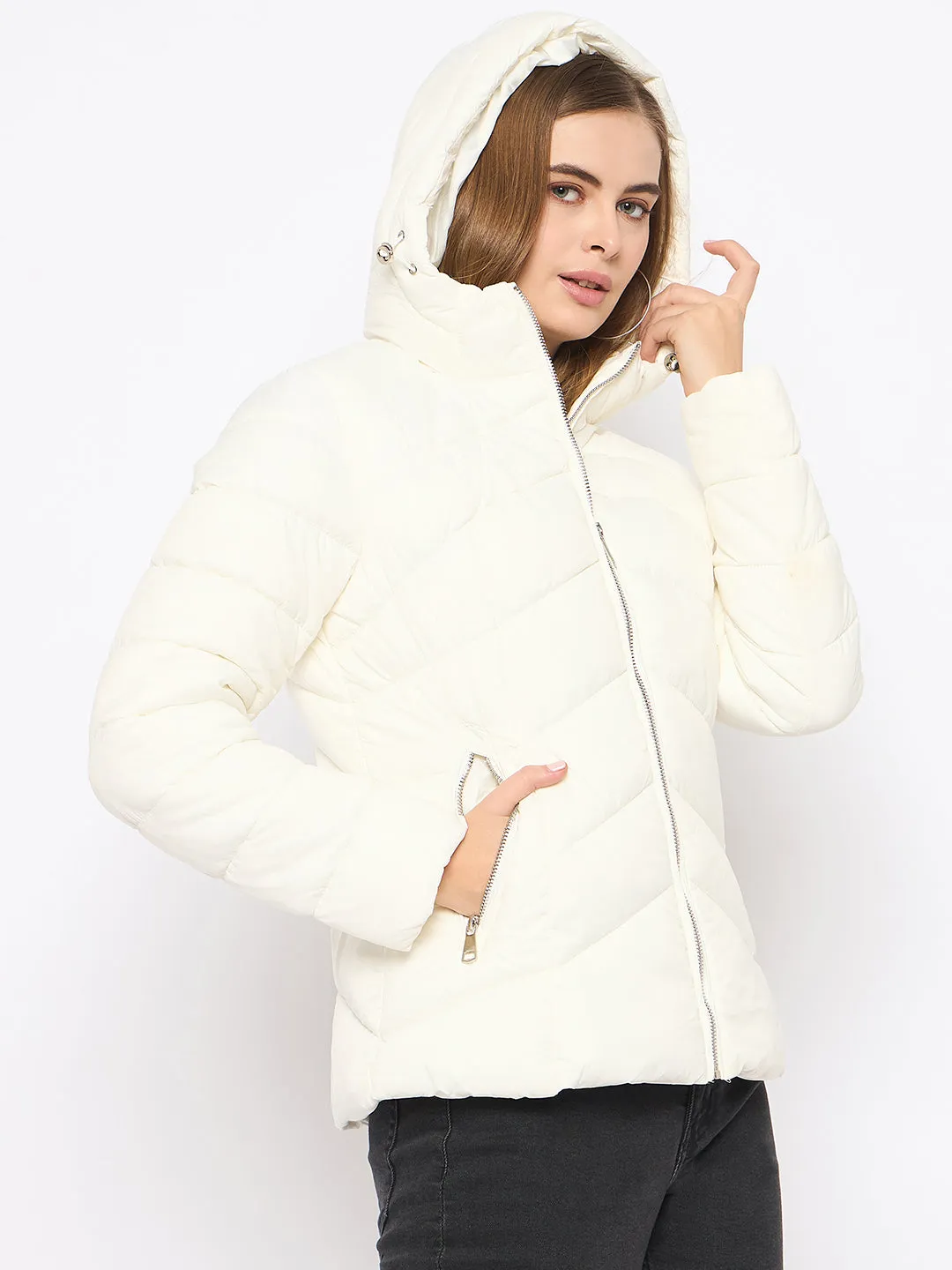 Madame Hooded Quilted Nylon White Jacket