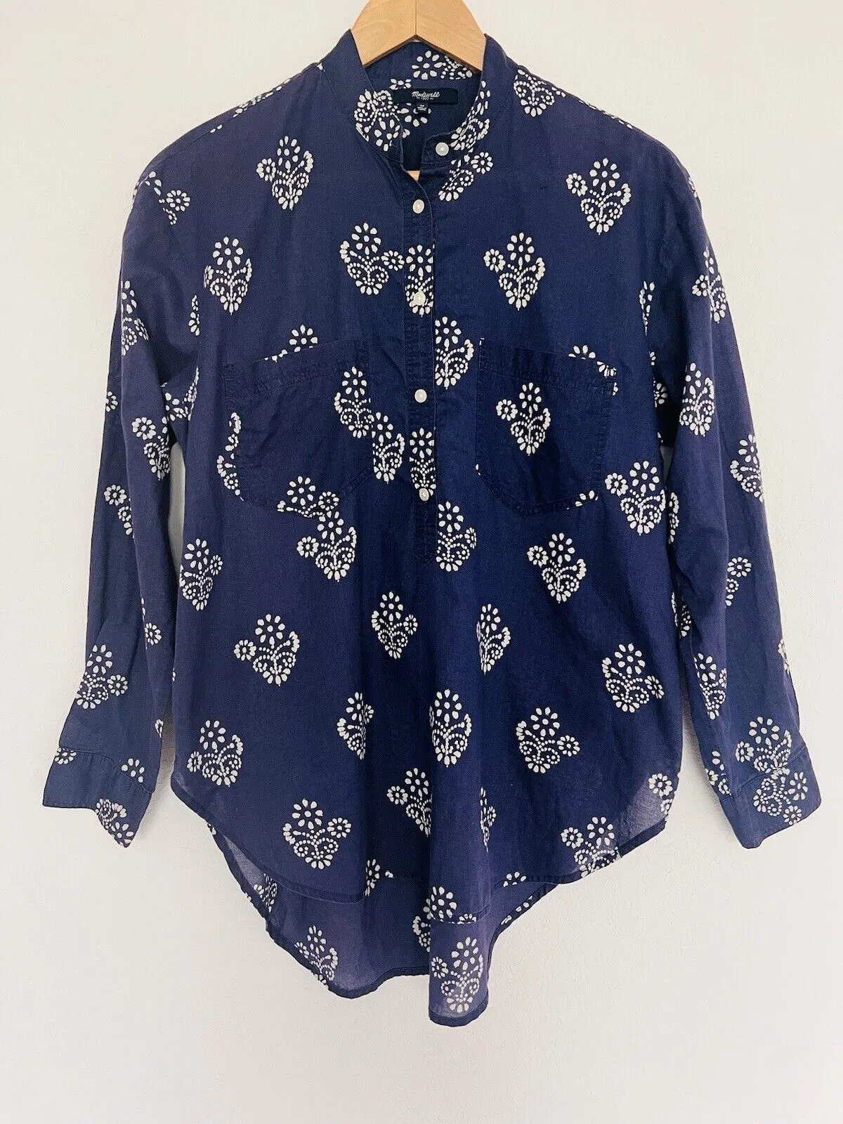 MADEWELL Popover Tunic Blouse Sz M Mock Neck Long Sleeve Floral Navy Blue