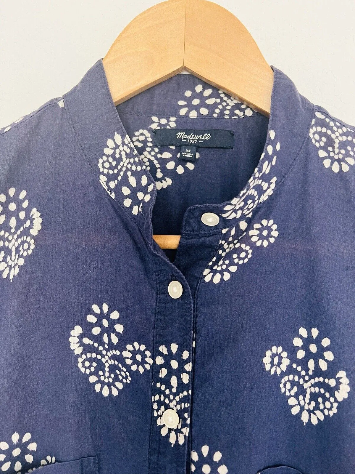 MADEWELL Popover Tunic Blouse Sz M Mock Neck Long Sleeve Floral Navy Blue