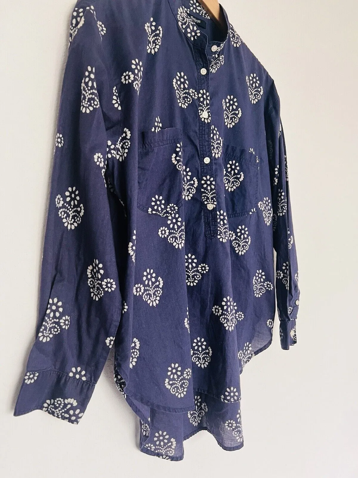MADEWELL Popover Tunic Blouse Sz M Mock Neck Long Sleeve Floral Navy Blue