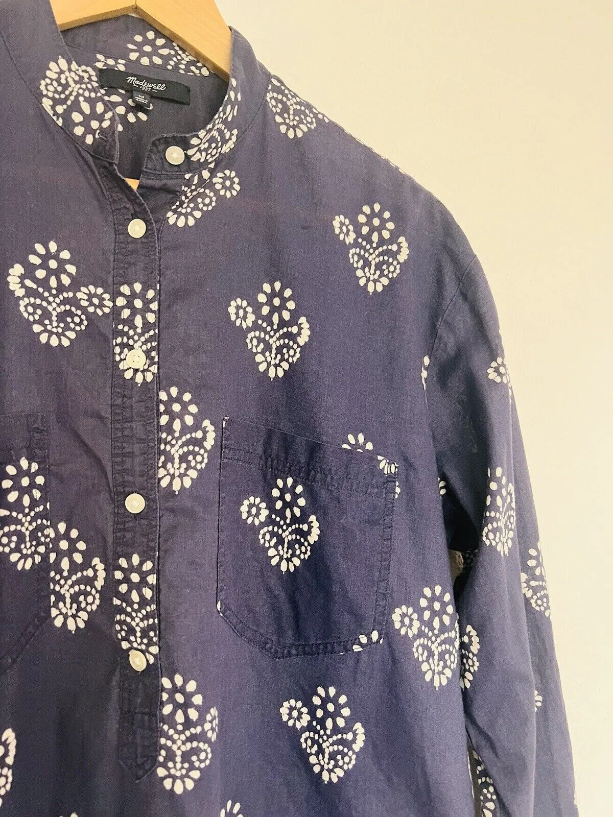 MADEWELL Popover Tunic Blouse Sz M Mock Neck Long Sleeve Floral Navy Blue