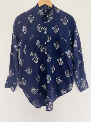 MADEWELL Popover Tunic Blouse Sz M Mock Neck Long Sleeve Floral Navy Blue