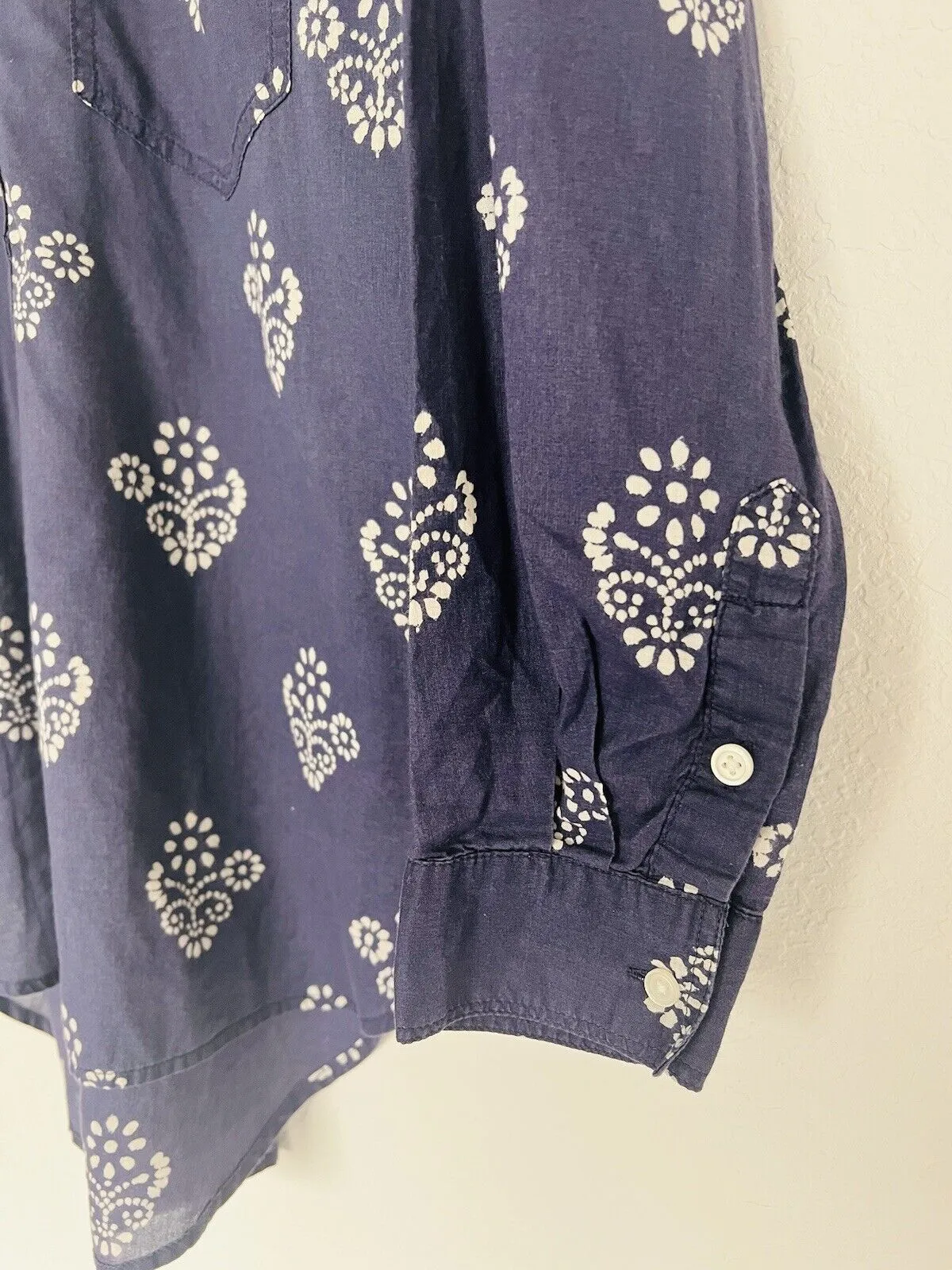 MADEWELL Popover Tunic Blouse Sz M Mock Neck Long Sleeve Floral Navy Blue