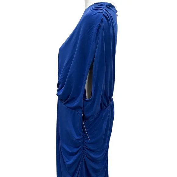 Maggy London High Neck Blue Stretch Sleeveless Below Knee Ruched Dress NEW 24W