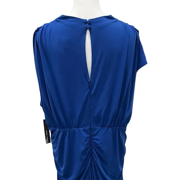 Maggy London High Neck Blue Stretch Sleeveless Below Knee Ruched Dress NEW 24W