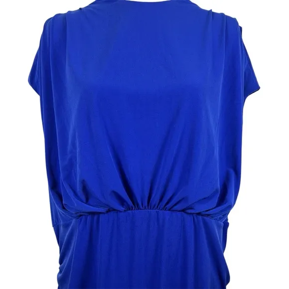 Maggy London High Neck Blue Stretch Sleeveless Below Knee Ruched Dress NEW 24W