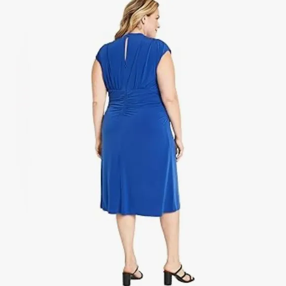 Maggy London High Neck Blue Stretch Sleeveless Below Knee Ruched Dress NEW 24W