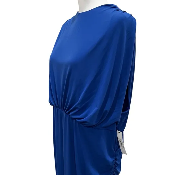 Maggy London High Neck Blue Stretch Sleeveless Below Knee Ruched Dress NEW 24W