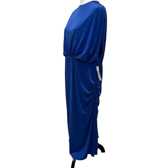 Maggy London High Neck Blue Stretch Sleeveless Below Knee Ruched Dress NEW 24W