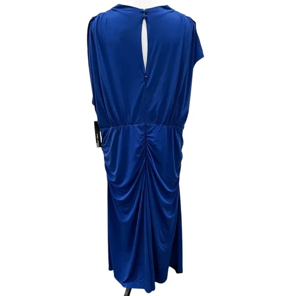 Maggy London High Neck Blue Stretch Sleeveless Below Knee Ruched Dress NEW 24W