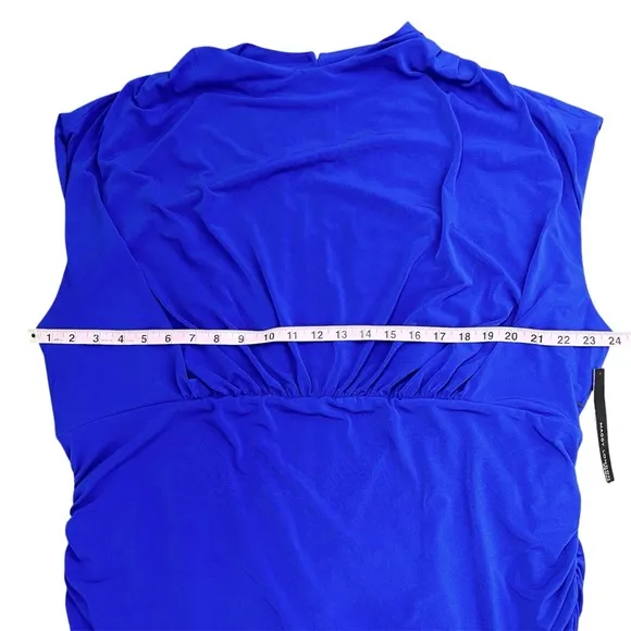 Maggy London High Neck Blue Stretch Sleeveless Below Knee Ruched Dress NEW 24W