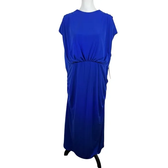 Maggy London High Neck Blue Stretch Sleeveless Below Knee Ruched Dress NEW 24W