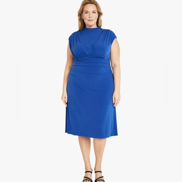 Maggy London High Neck Blue Stretch Sleeveless Below Knee Ruched Dress NEW 24W