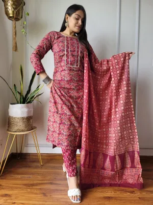 Maroon Block Print Suit Set With Dupatta