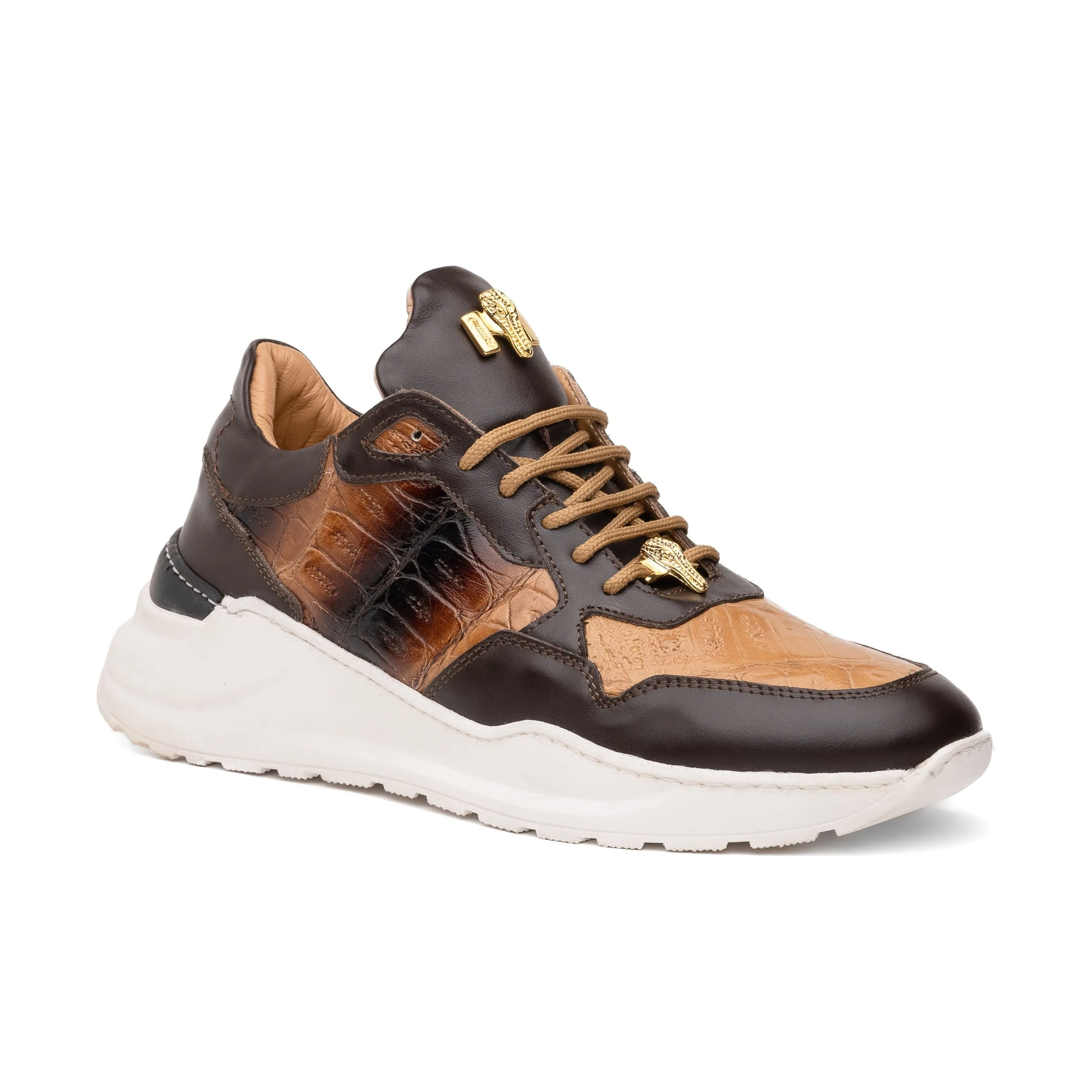 Mauri Runner in Sport Rust / Dune Mens Exotic Crocodile / Nappa Leather Casual Bubble Sneakers