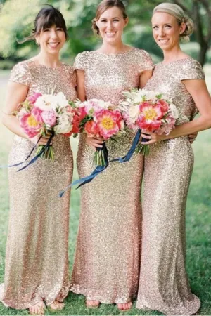 Mermaid Bateau Backless Cap Sleeves Gold Sequined Bridesmaid Dress OHS005