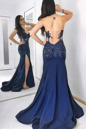 Mermaid Sweetheart Sweep Train Royal Blue Prom Dress with Appliques OHC074