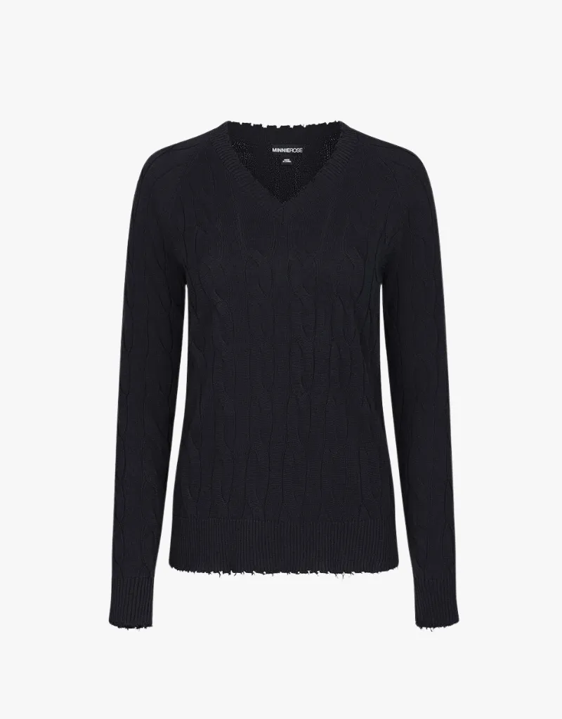 Minnie Rose Cotton Cable Long Sleeve V-Neck Sweater with Frayed Edges in Black