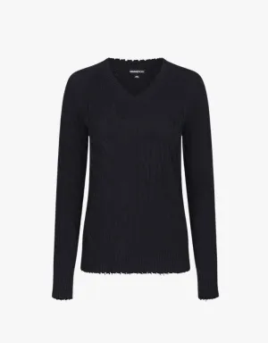 Minnie Rose Cotton Cable Long Sleeve V-Neck Sweater with Frayed Edges in Black